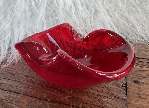 Vintage Cherry Red Murano Glass Ashtray Mid-Century Modern Italy