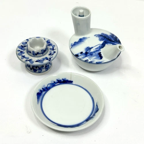 VINTAGE Chinese Porcelain Water Dropper With Saucer Plate White Blue Asian