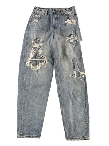 American Eagle Jeans Womens 0 Blue Light Wash Relaxed Mom Jean Distressed Ripped