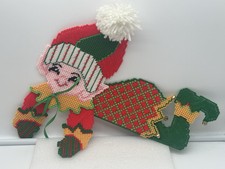 Vintage Christmas Elf Wall Decoration Handmade Needlepoint Plastic Canvas 15"
