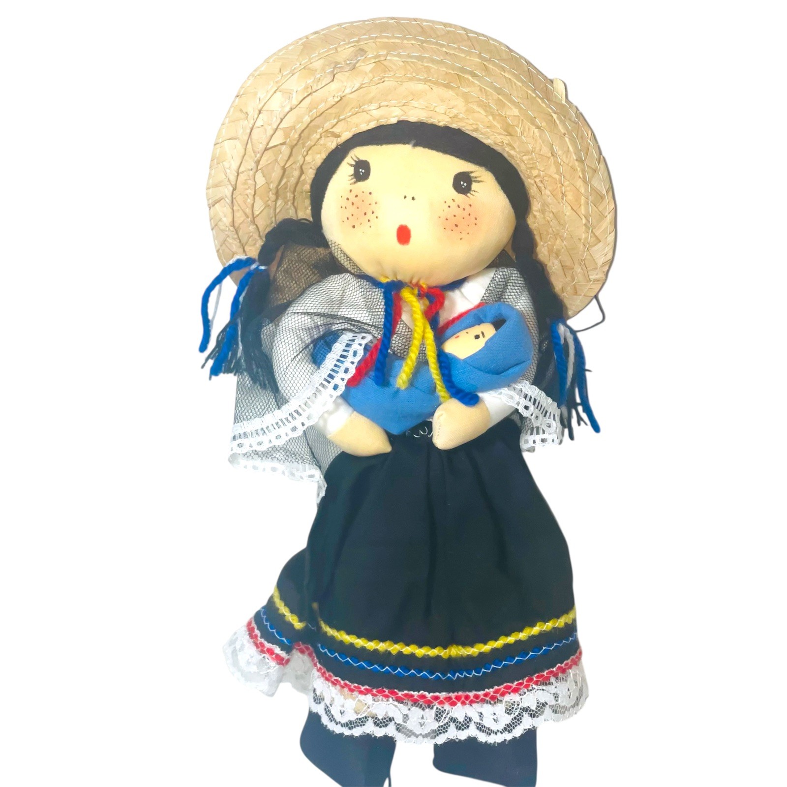 Colombian Folk Art Cloth Rag Doll Handmade Traditional Dress Straw Hat Baby