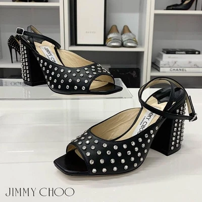 JIMMY CHOO Jassidey Sandales à Talons En Cuir Avec Cristaux Femme 36 Noir - Photo 1/4