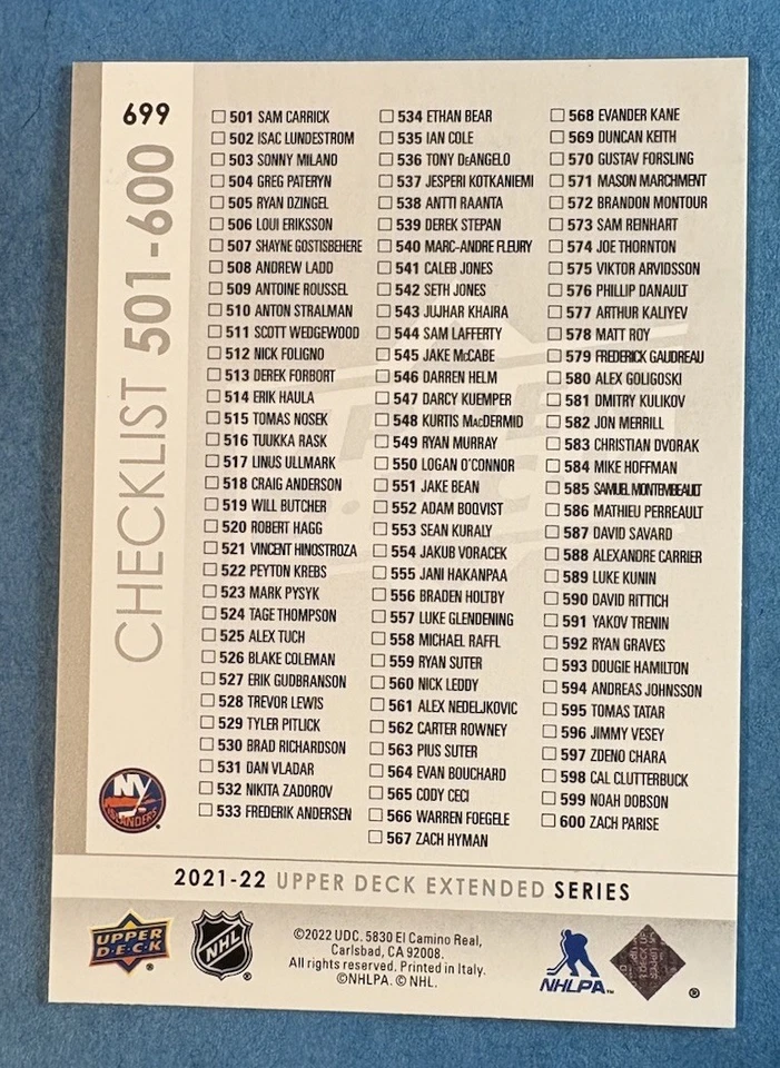 2021-22 Upper Deck extended series Checklist Zach Parise/Zdeno Chara #699 - Image 2 of 2