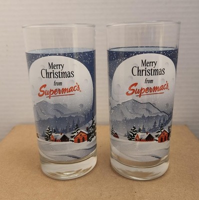 Set of 2 Rare Vintage Supermac s ''Merry Christmas'' Glasses - Winter Cabin Scene