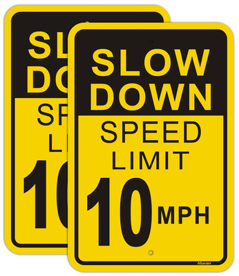 Slow down Speed Limit 10 MPH Sign (2 Pack), Metal Reflective 12'' X 18'' Rust Free