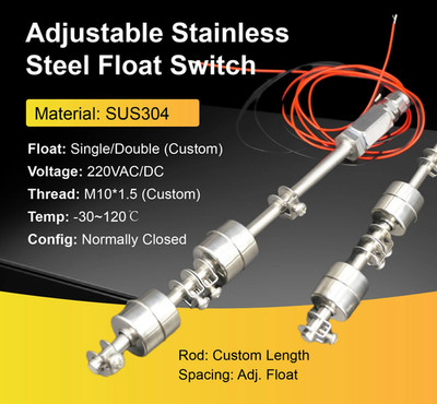 Float Level Switch Adjustable 304 Stainless Steel Water Sensor Tank Vertical