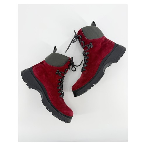 Prada Sport Burgundy Suede Lace Up Hiking Combat Boots Lug Sole Winter 39.5