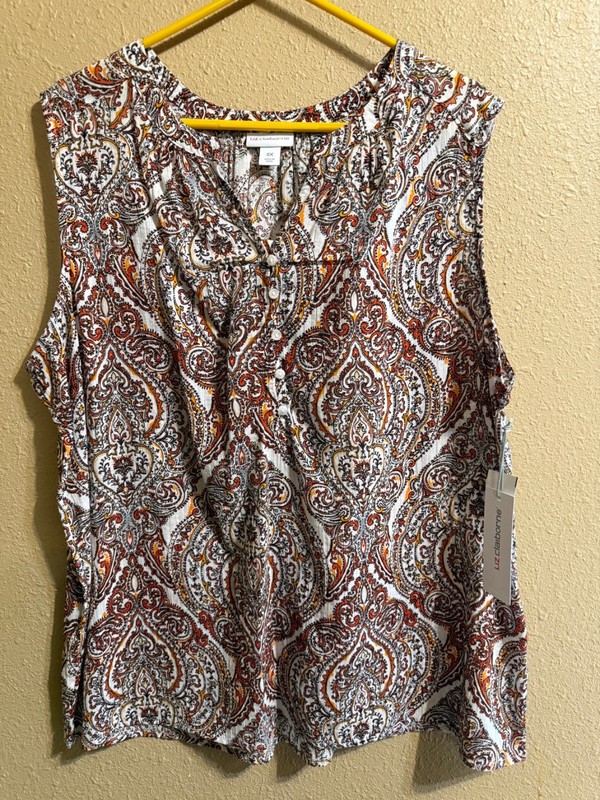 NWT LIZ CLAIBORNE 1/4 BUTTON UP TOP BLOUSE SZ 0X MULTI PRINT STRETCH SLEEVELESS