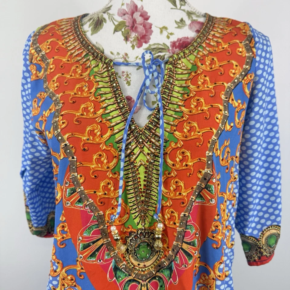 Ruby Yaya dress women's blue tunic 3/4 sleeves knee length boho crystals Size S - image 4 of 4