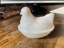 Vintage Hazel Atlas Milk Glass White Chicken Hen on Nest Covered Container Jar