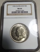 :1936 50C Moses Cleveland Commemorative Half Dollar Near Superb NGC MS66 Rare R3