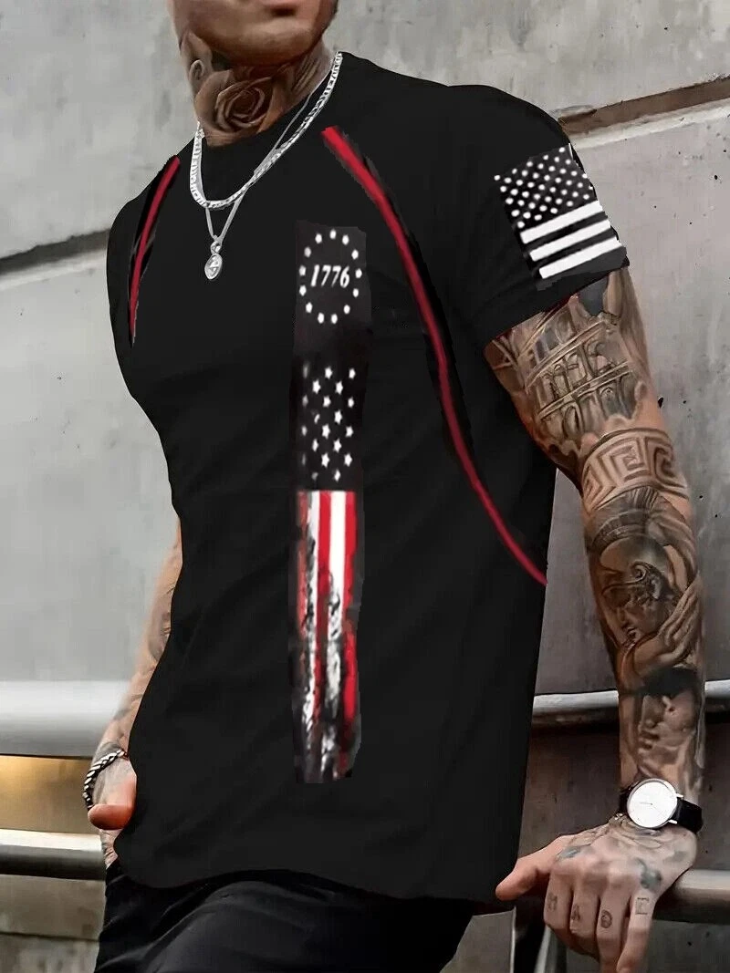 T Shirts Distressed American Flag Patriotic 1776 Short Sleeve Zipper Vintage Tee - Picture 1 of 1