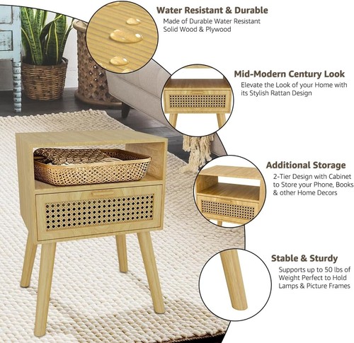 Boho Wood Accent Table Mid-Century Modern Rattan Nightstand 2-Tiers End Table - Picture 6 of 6