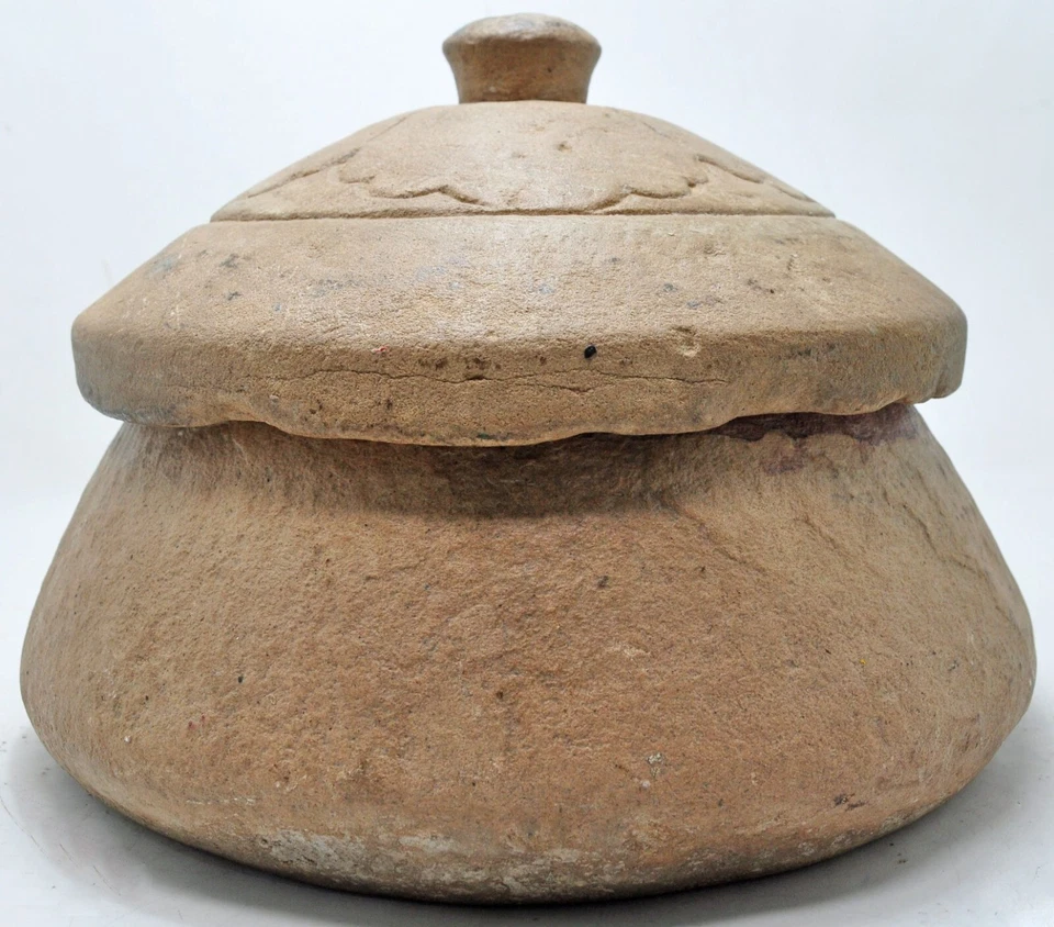 Antigua caja de comida grande redonda de piedra de arena original antigua muy fina tallada a mano Foto 4 de 4