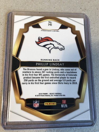 Phillip Lindsay Denver Broncos Panini Select Footbal 2018 PREMIER LEVEL ROOKIE - Picture 9 of 12
