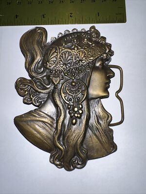 Vintage 1970s Alphonse Mucha Bergamot Brass Works Art Nouveau Belt Buckle Alphonse Mucha Bergamot Brass Works E-60 Art Nouveau Boho  main image 2