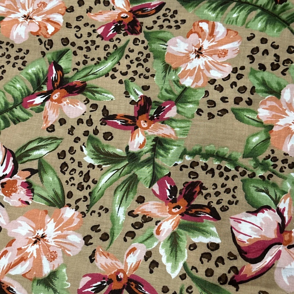 "Tela de mezcla de rayón estampada floral marrón coral flores hawaianas de 6 yardas 56"" de ancho" Foto 4 de 4