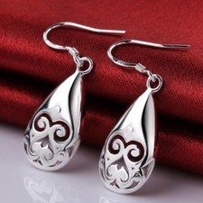 Womens 925 Sterling Silver Elegant Filigree Teardrop Drop Dangle Earrings E256