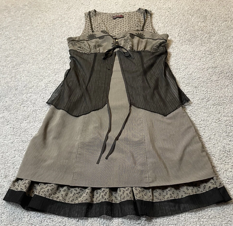 Vtg Junior’s Layered Dress Sz 1 Gray Mesh Overlay Peasant Lagenlook Boho - Image 4 of 4