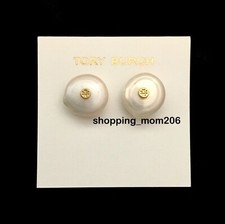 Tory Burch Gold Tone Logo Pearl Stud Earrings
