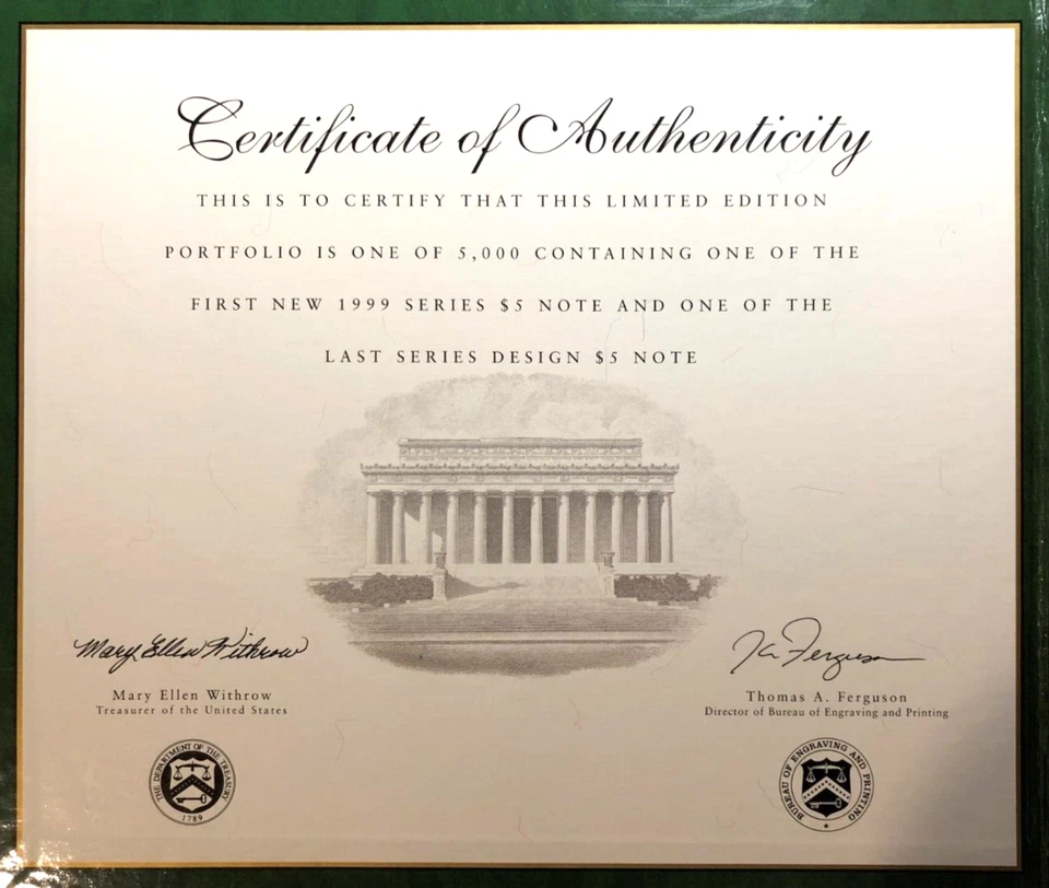 $5 PREMIUM HISTORICAL PORTFOLIO, 1995 & 1999 UNCIRCULATED NOTES IN BEP FOLDER - Image 3 of 4