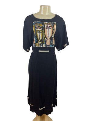 Reversal Black Dress With Abstract Art Print & Contrast Trim Size 1X - New