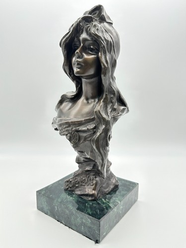 Antique Early 20th C. Art Nouveau Bronze Woman Bust After Emmanuel Villanis - Picture 2 of 14