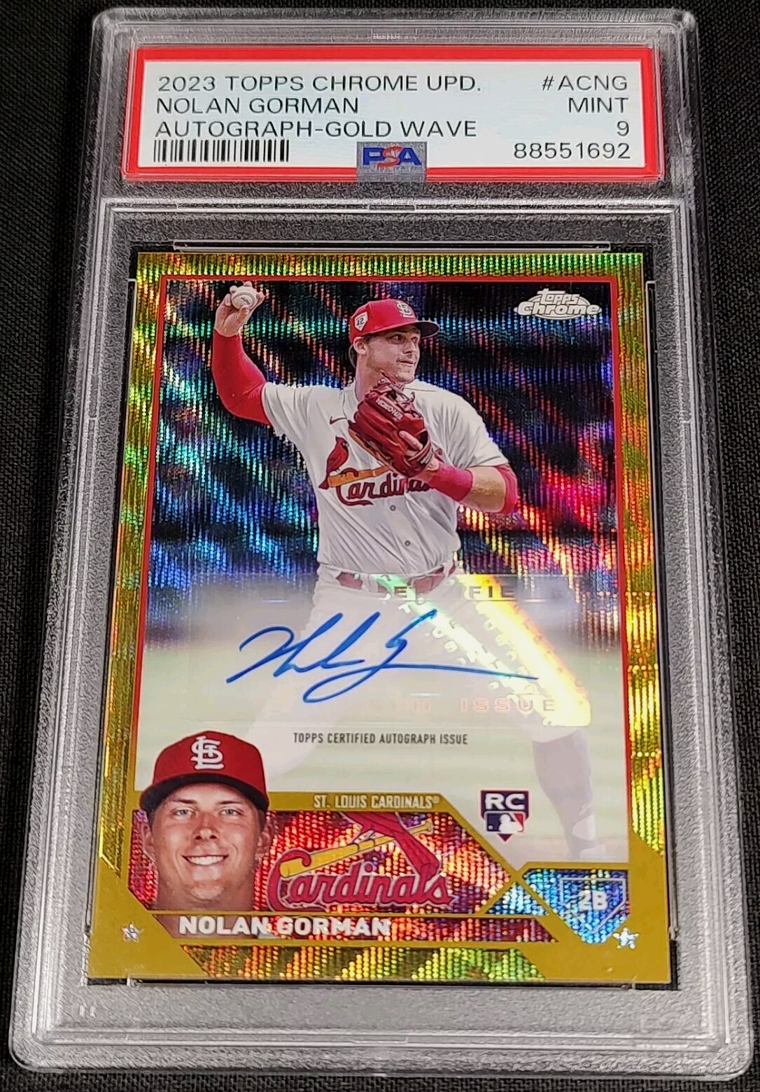 PSA 9 RC AUTO /50 NOLAN GORMAN GOLD REFRACTOR ROOKIE ✨2 HIGHER 2023 Topps Chrome
