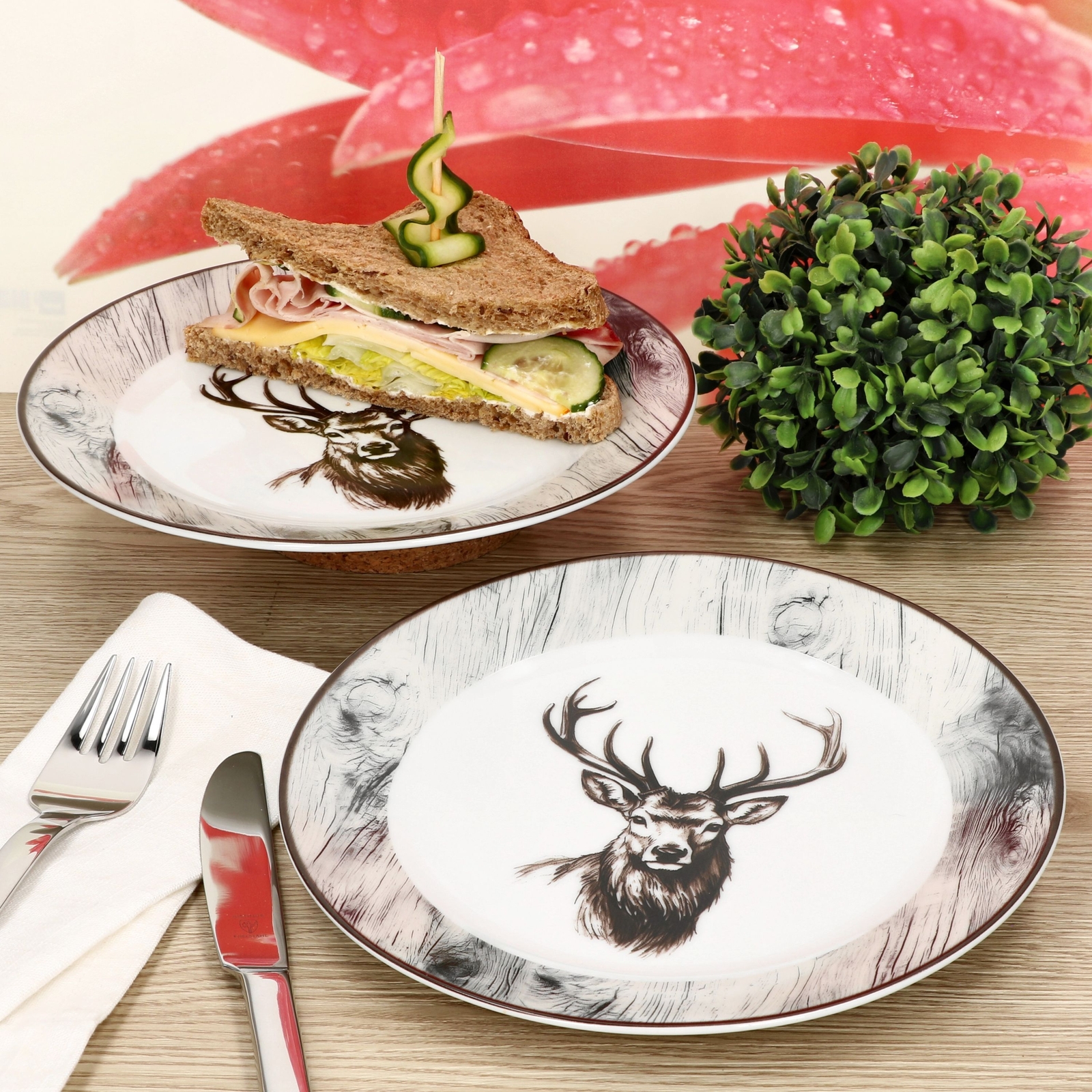 6er Set Alois Kuchenteller Porzellan 6 Personen Dessert Frühstücks-Teller Hirsch