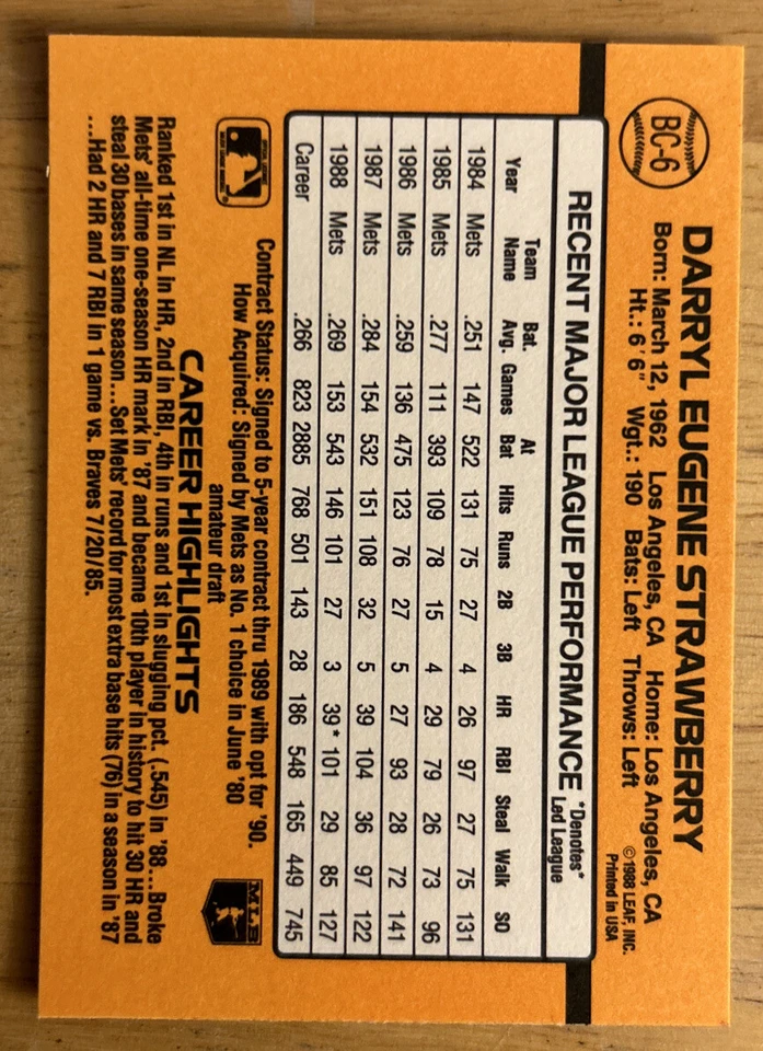 1989 Donruss Darryl Strawberry *Denotes* Error MVP Card #BC-6 Mets HOF OF NM — 第 2/2 张图片