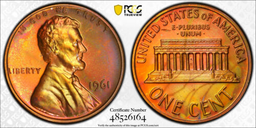 1961 1C PCGS PR65RB Lincoln Toned Cent Penny ERROR STRIKE THROUGH TrueView Proof - Picture 2 of 6