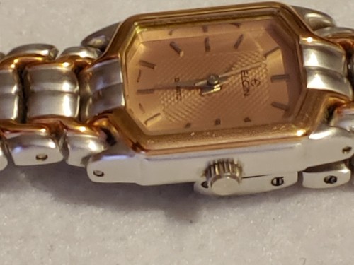 Women's ELGIN Quartz Gold & Silver Tone Pink Dial EM347-Works Good-New Battery - Picture 3 of 11