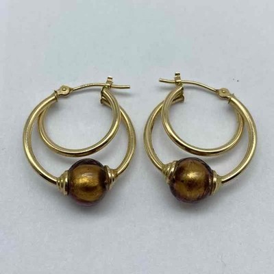 J.J.T. 14K Yellow Gold Glass Bead Double Hoop Earrings 1''