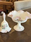 Vintage Fenton Rose Garden Compote Bowl & Bell Hand Painted + Artist's Signature