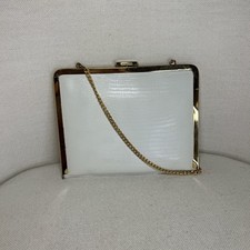 Vintage And  White Lizard-Embossed Frame Clutch with Gold Chain