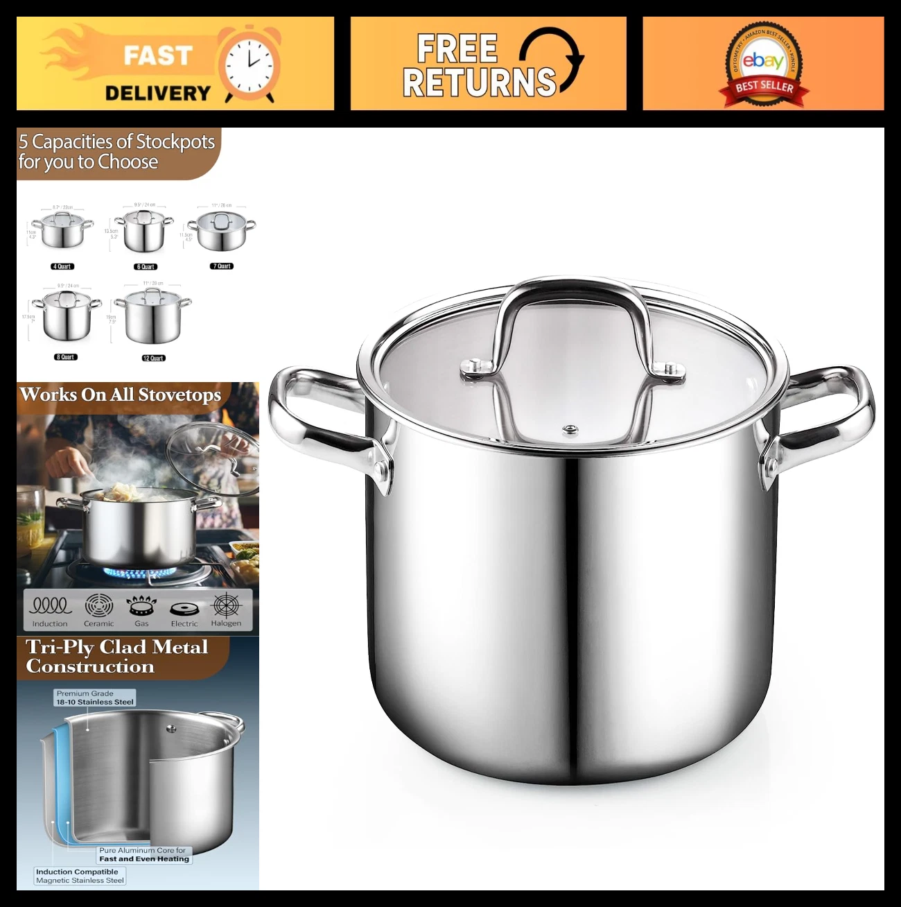 6 Quart Stainless Steel Stockpot with Lid, Tri-Ply Clad Induction Soup Pot, Silv