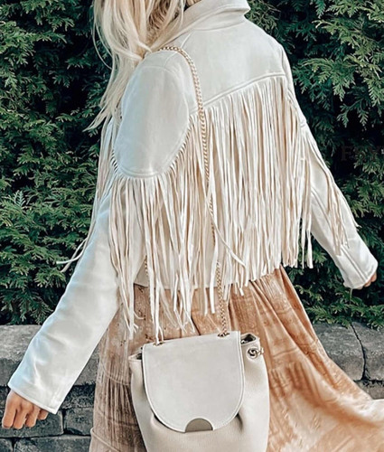 Primavera Mujeres Color Sólido Flecos Denim Chaqueta Solapa Mangas Largas Hermoso Abrigo - Imagen 2 de 7