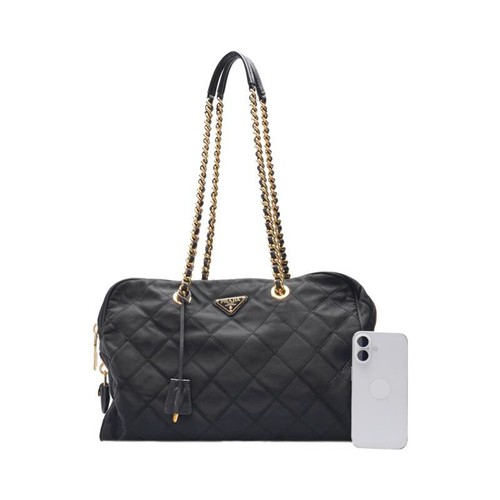 Prada Black nylon quilted triangle logo gold chain women's shoulder bag - Picture 5 of 13