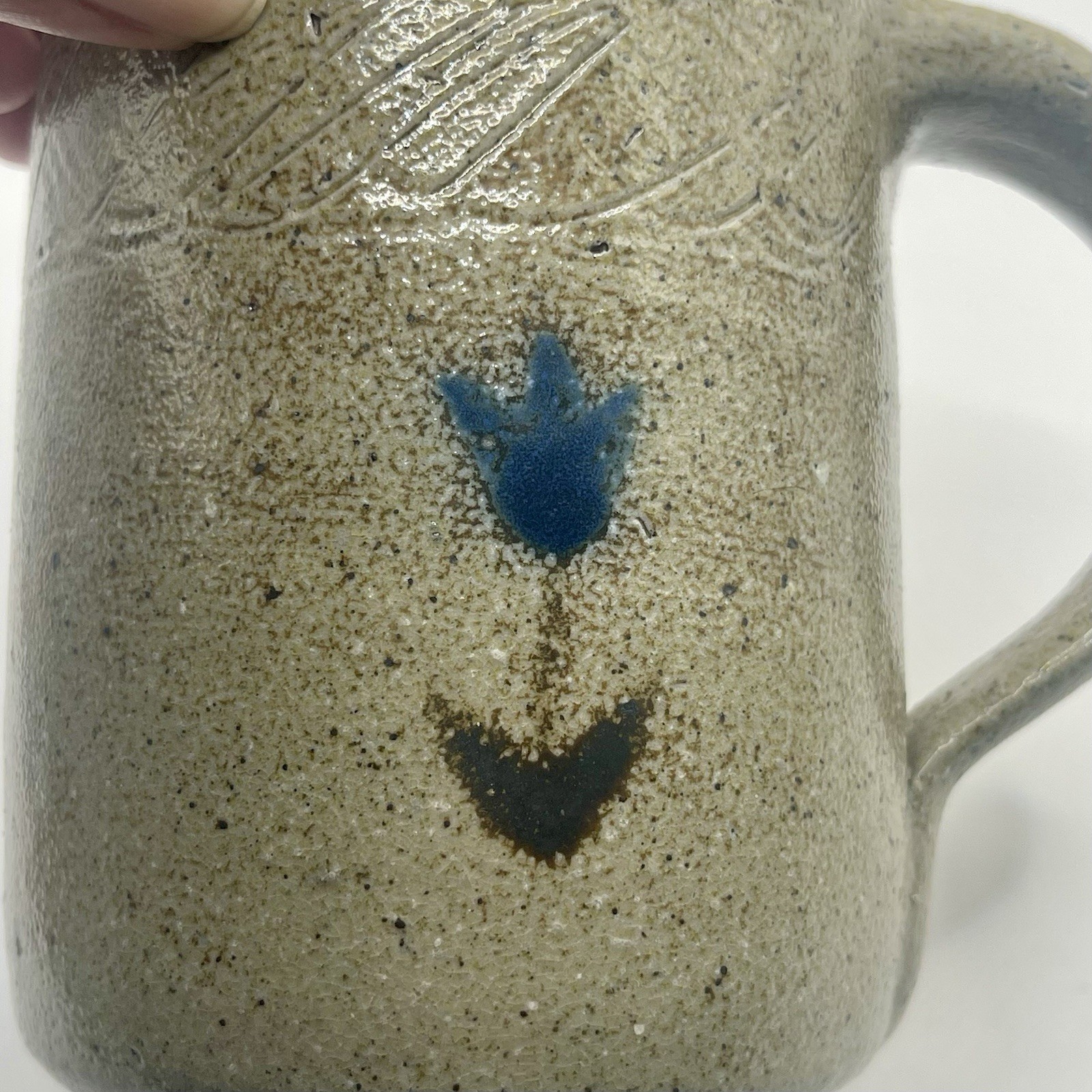 Vintage Jugtown  Ware Salt Glazed Pottery Mug with Blue Flower-Stamped Dated '77