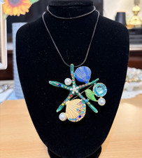 Colorful Coastal Starfish Seashell Statement Pendant Necklace Faux Pearl