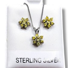 925 Sterling Silver Yellow Stones Cluster Star Pendant Necklace Earrings Set