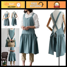 Turquoise Japanese Cotton Cross Back Pinafore Apron for Women with Pockets