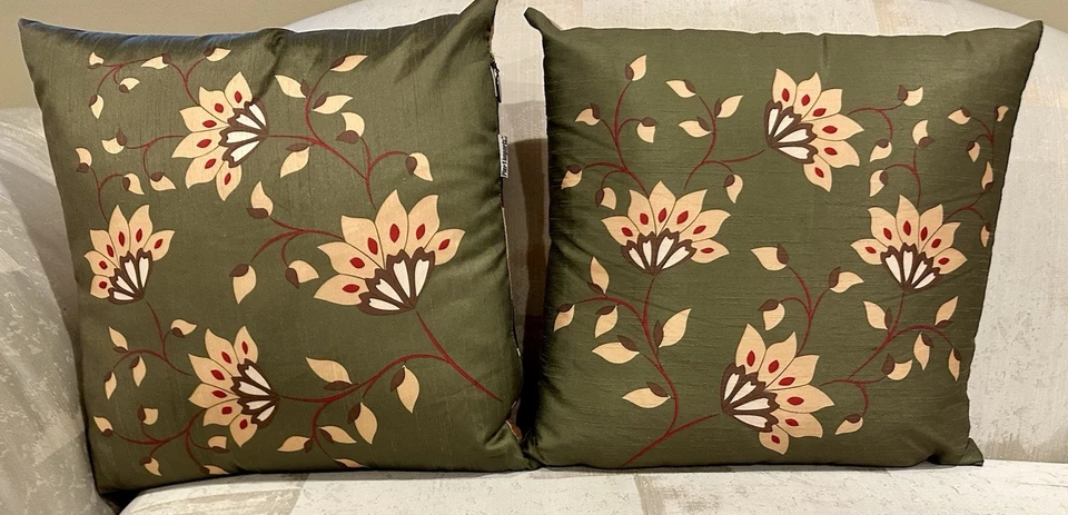 Pier 1 Juego 2 Almohadas Cremallera 17" Marrón Amarillo y Salvia Floral Rayas x2 Lados Foto 2 de 4