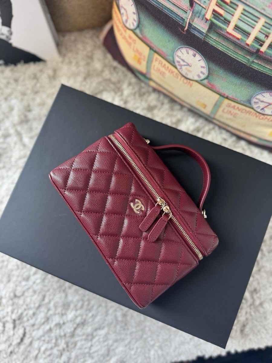 Auth BNIB Chanel 25B Burgundy Slim Top Handle Vanity With Chain