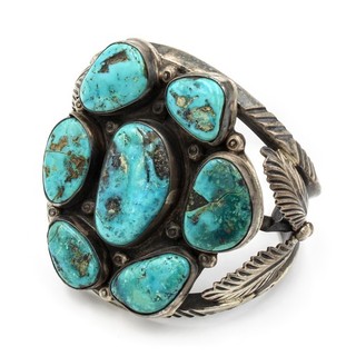 Southwest Signed Sterling Turquoise Feather Motif 6.75'' Cuff Bracelet #S6095 3