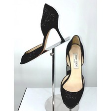 Jimmy Choo Logan D'Orsay Black Glitter Heels Snakeskin EU 36 Peep Toe Sandal
