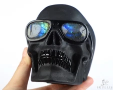 5.0" Frosted Black Obsidian Carved Crystal Skull with Labradorite Sunglasses