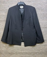 Kasper Blazer Jacket Women Size 16 Black Pinstripe Mandarin Collar Zip Pocket