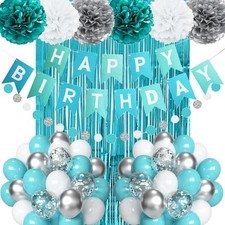 Happy Birthday Party Decorations, Happy Birthday Banner, Teal Blue and Silver