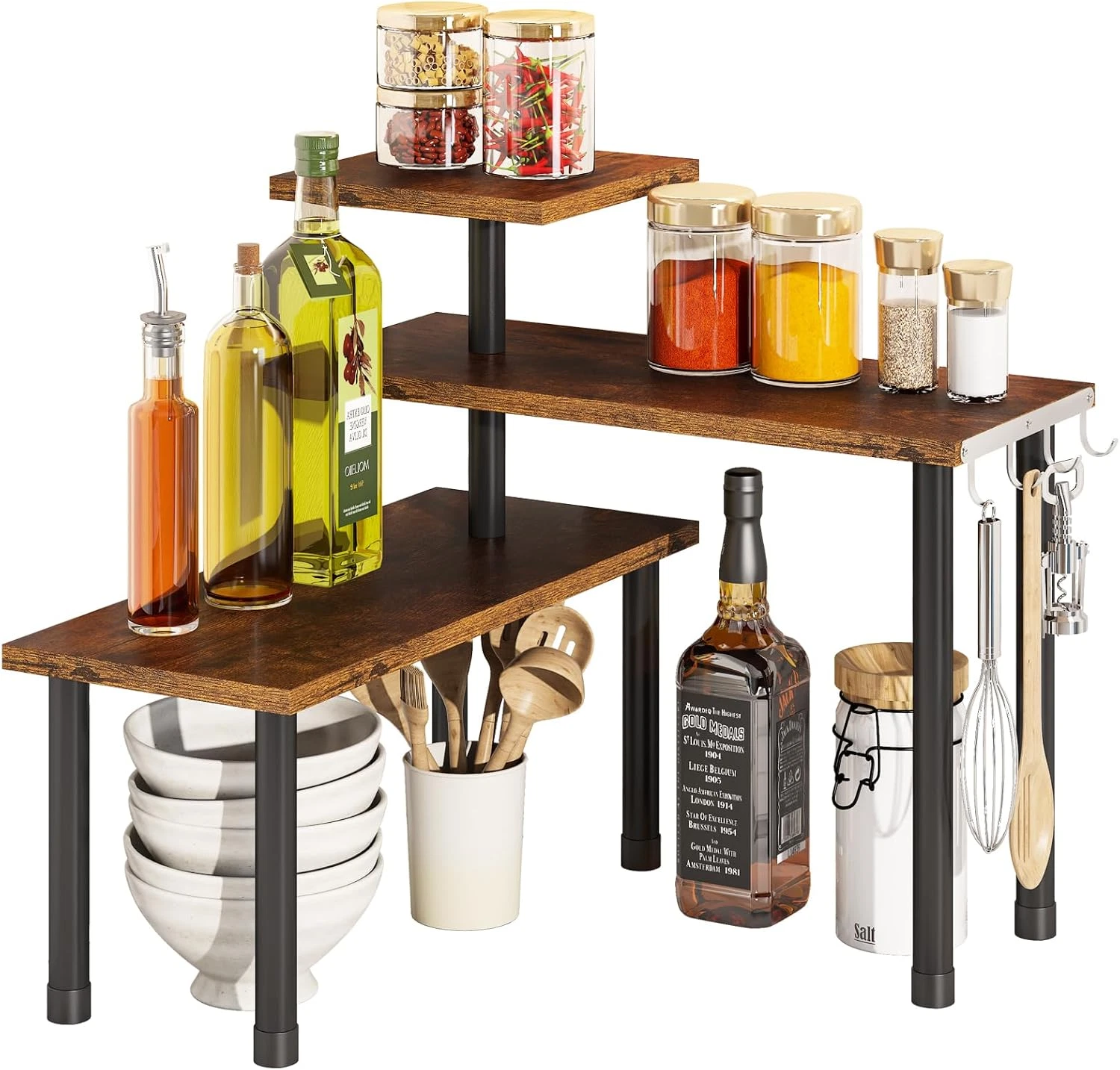 Kitchen Corner Shelf Countertop Organizer with Hooks Adjustable Spice Rack Corne